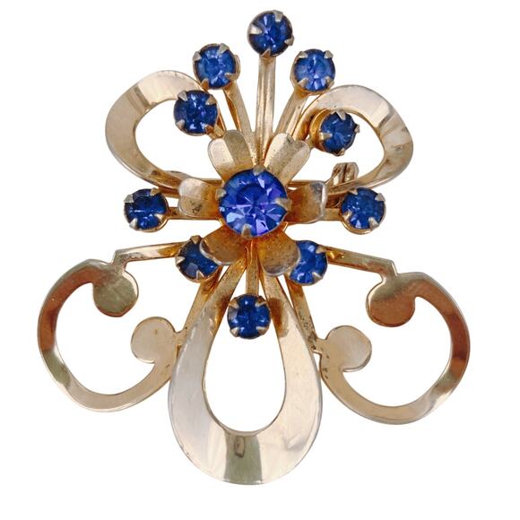 Vintage 1940s Gold Tone Brooch Blue Rhinestone Mid Century Floral Pin Jewelry - Picture 1 of 10